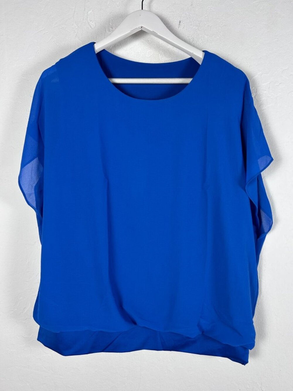 Womens Blue Layered Short-Sleeve Blouse Top XL Round Neck Casual Lightweight